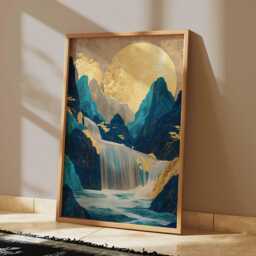 Golden Waterfall Poster, Japanese Landscape Wall Art, Blue Gold Mountain Print - thumbnail 2