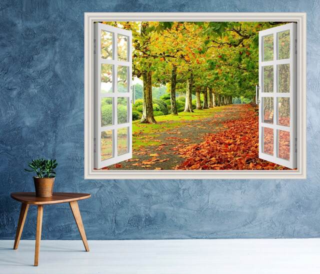 Autumn Scene Path View Window 3D Wall Decal Art Removable Wallpaper Landscape Mural Sticker Vinyl Home Decor