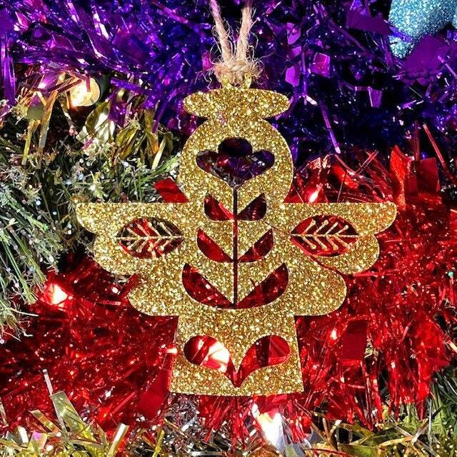 Gold Glitter Folk Angel Christmas Tree Decoration - Beautiful Xmas Ornament in Oak, Walnut Cherry Wood Or Silver, Gold, Red, Green - image 1