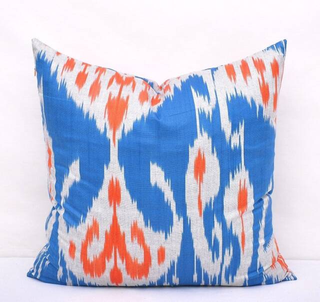 Blue Orange Ikat Pillow Cover, Handmade Cotton Cushion - 20x20 In - image 1