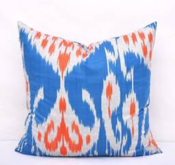 Blue Orange Ikat Pillow Cover, Handmade Cotton Cushion - 20x20 In - thumbnail 1