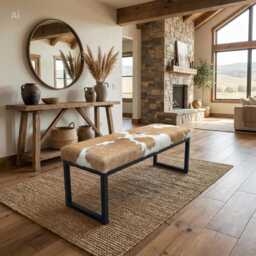 Cowhide & Steel Entry Way Bench, Modern Dining Industrial Style Seating - Fpb - thumbnail 3