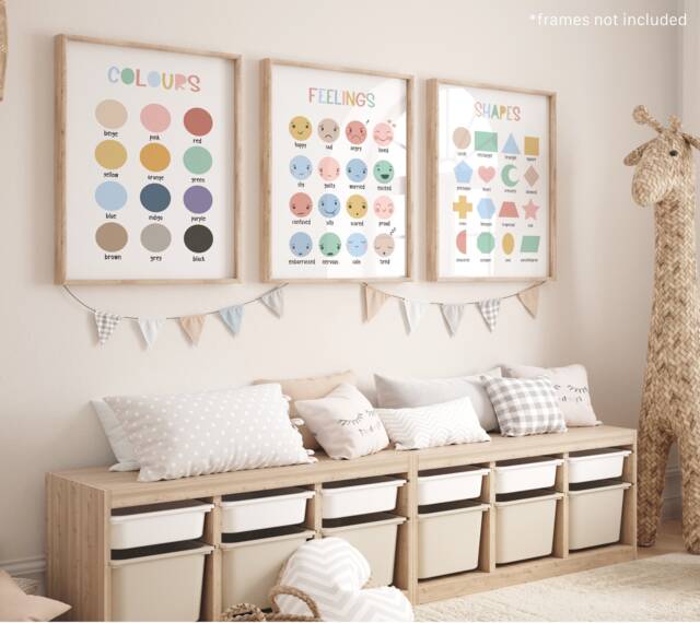 Set Of 3 Educational Nursery Prints in Pastel, Shapes Print, Feelings Chart, Colours Girl Decor, Playroom - image 1