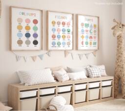 Set Of 3 Educational Nursery Prints in Pastel, Shapes Print, Feelings Chart, Colours Girl Decor, Playroom - thumbnail 1