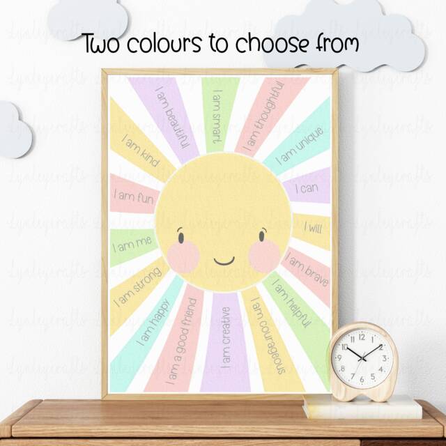 Childrens Sunshine Affirmation Print, Mental Health Wall Art, Reception Or Nursery Positive Quotes Picture, Pastel Print - image 1