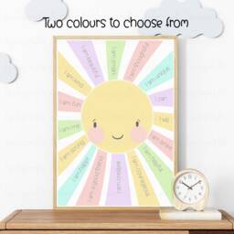 Childrens Sunshine Affirmation Print, Mental Health Wall Art, Reception Or Nursery Positive Quotes Picture, Pastel Print - thumbnail 1