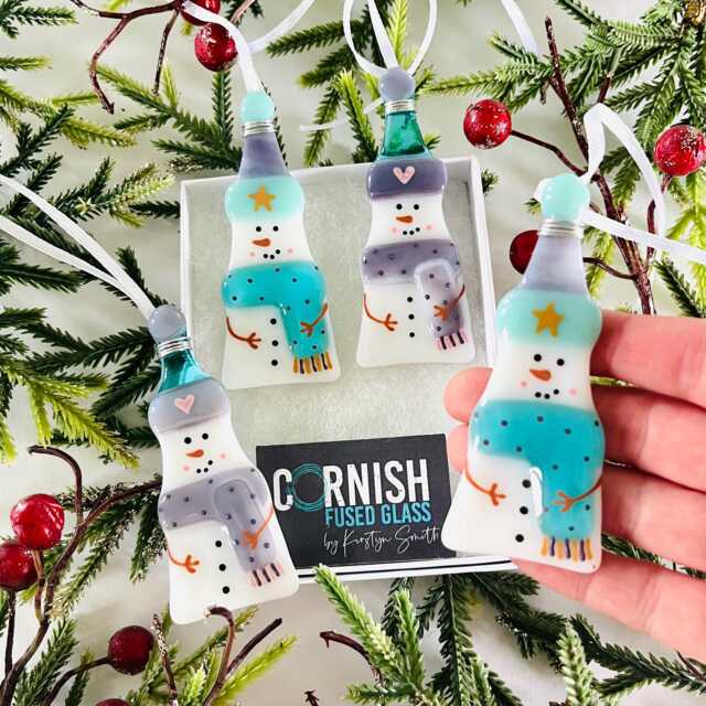 Fused Glass Snowman Decoration - Christmas Decoration, Snowman Cornish Glass, Fused Glass Cornwall - image 1