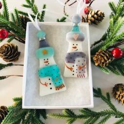 Fused Glass Snowman Decoration - Christmas Decoration, Snowman Cornish Glass, Fused Glass Cornwall - thumbnail 2