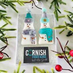 Fused Glass Snowman Decoration - Christmas Decoration, Snowman Cornish Glass, Fused Glass Cornwall - thumbnail 4