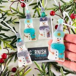 Fused Glass Snowman Decoration - Christmas Decoration, Snowman Cornish Glass, Fused Glass Cornwall