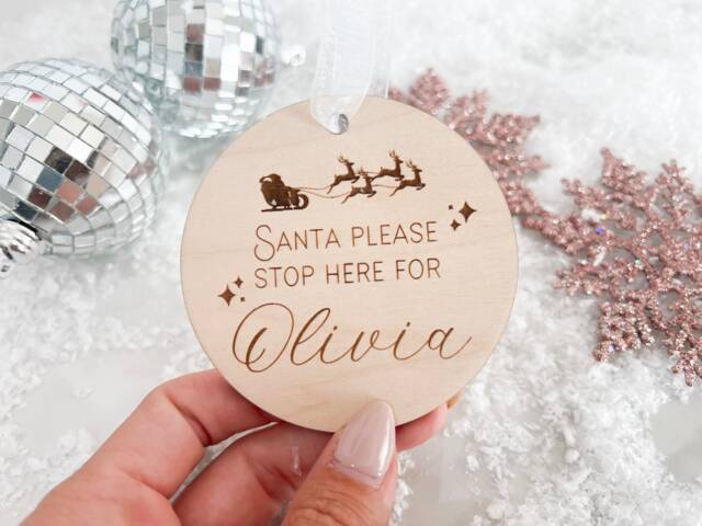Santa Please Stop Here Ornament, Here For Sign Kids, Stop Here, Personalized Kids Christmas Stocking Tag - image 1