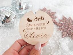Santa Please Stop Here Ornament, Here For Sign Kids, Stop Here, Personalized Kids Christmas Stocking Tag