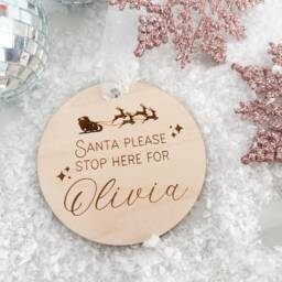 Santa Please Stop Here Ornament, Here For Sign Kids, Stop Here, Personalized Kids Christmas Stocking Tag - thumbnail 3