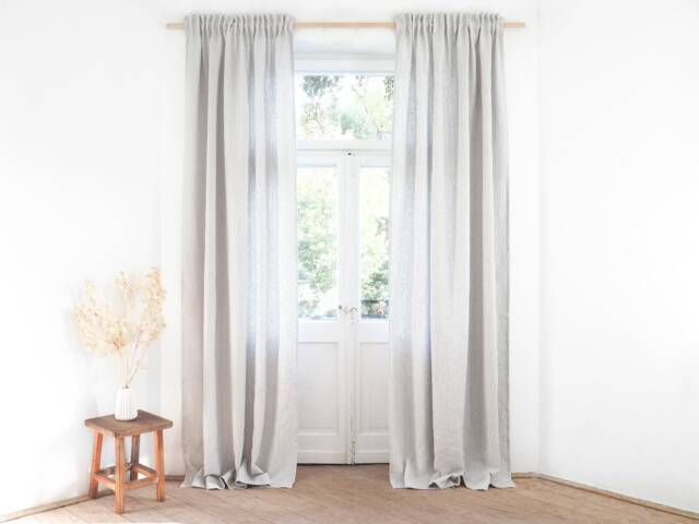 Gray Striped Heavy Linen Curtain Panel, Pleated Tape - image 1
