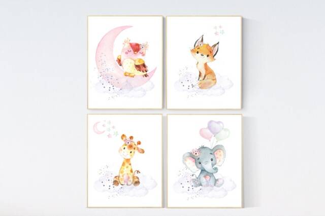 Girl Nursery Wall Art Prints Elephant, Giraffe, Bear, Owl - image 1
