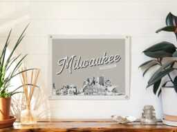 Milwaukee, Wisconsin Felt Poster Banner - City Skyline Wall Art Print Sign. Vintage City Line Drawing Pennant Home Decor. Handmade Gift Idea - thumbnail 1
