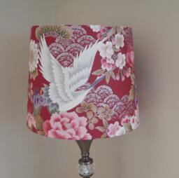 30cm Drum Lampshade, Red, Crane Bird With Silver Thread