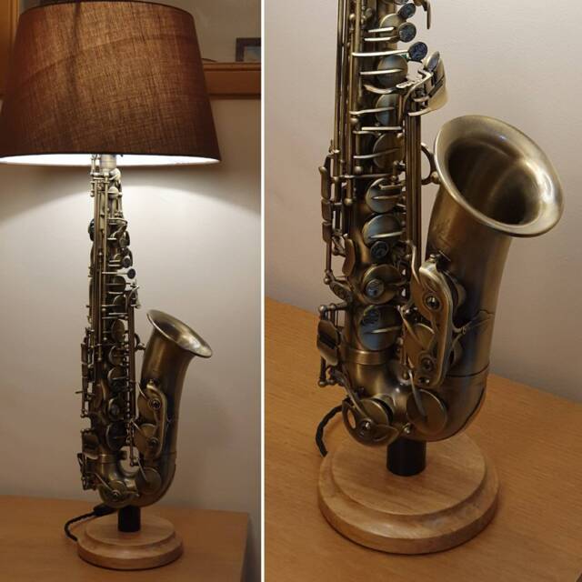 Saxophone Lamp, Alto, Satin Faux Vintage Finish, Handmade With Hardwood Base, New - image 1