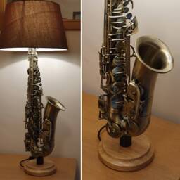 Saxophone Lamp, Alto, Satin Faux Vintage Finish, Handmade With Hardwood Base, New