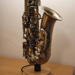 Saxophone Lamp, Alto, Satin Faux Vintage Finish, Handmade With Hardwood Base, New - thumbnail 3