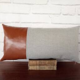 Cognac Faux Leather & Gray Linen Lumbar Pillow Cover - thumbnail 2