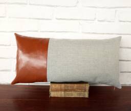 Cognac Faux Leather & Gray Linen Lumbar Pillow Cover