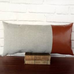 Cognac Faux Leather & Gray Linen Lumbar Pillow Cover - thumbnail 3