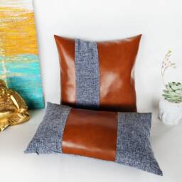 Cognac Faux Leather Pillow Cover Black & White Woven Accent - thumbnail 3