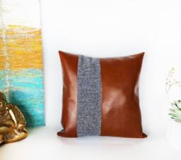 Cognac Faux Leather Pillow Cover Black & White Woven Accent - thumbnail 1