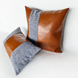 Cognac Faux Leather Pillow Cover Black & White Woven Accent - thumbnail 2