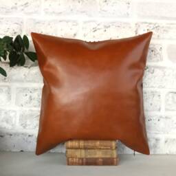 Cognac Faux Leather Pillow Cover Black & White Woven Accent - thumbnail 4