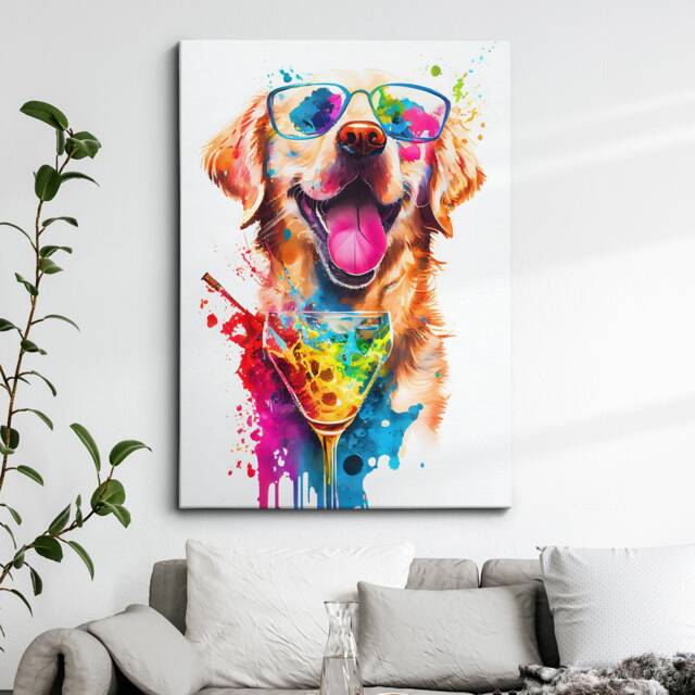 Golden Retriever Labrador Drinking Cocktail Painting Splatter Wall Art, Framed Canvas Poster Print, Home Kitchen Office Room Decor, Gifts - image 1