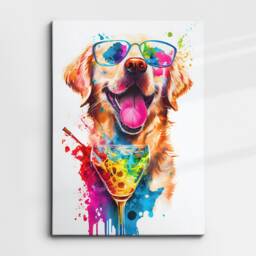 Golden Retriever Labrador Drinking Cocktail Painting Splatter Wall Art, Framed Canvas Poster Print, Home Kitchen Office Room Decor, Gifts - thumbnail 3