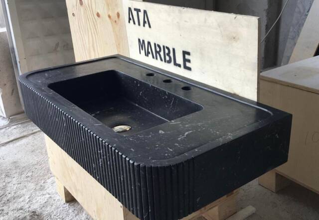 Nero Marquina Marble Fluted Wall Mount Sink Black Vanity - image 1