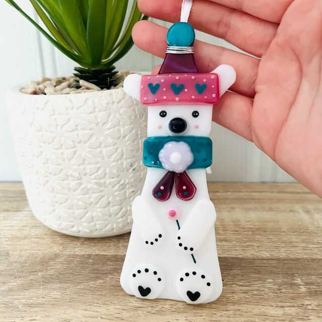 Fused Glass Polar Bear Christmas Ornament Cornish Handmade Decoration - image 1
