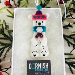 Fused Glass Polar Bear Christmas Ornament Cornish Handmade Decoration - thumbnail 2