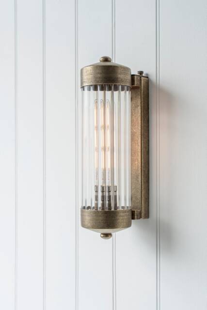 Antiqued Brass Bathroom Wall Light, Fluted Glass Sconce, Ip44 - image 1