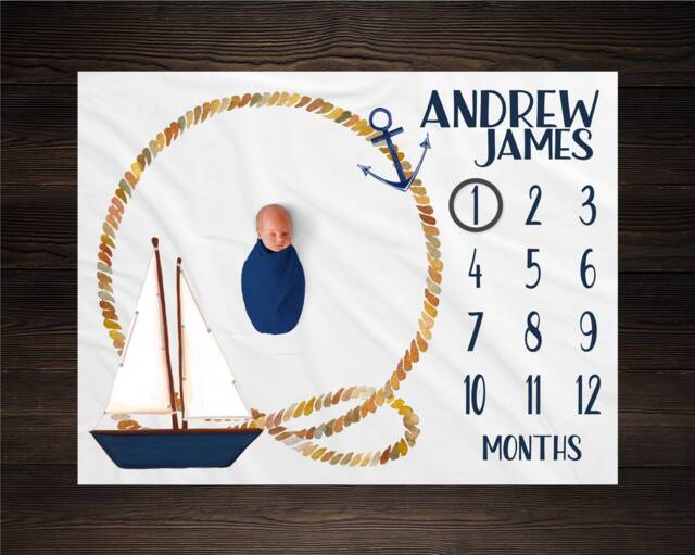 Nautical Baby Milestone Blanket Month Growth Tracker Shower Newborn Gift Boy Sail Boat Nursery Bm06 - image 1
