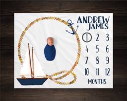Nautical Baby Milestone Blanket Month Growth Tracker Shower Newborn Gift Boy Sail Boat Nursery Bm06