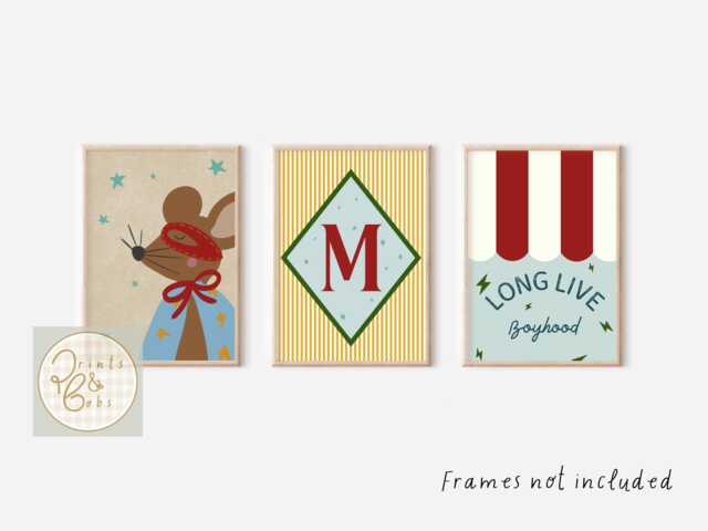 Set Of 3 Bright Boys Room Or Nursery Prints. Super Hero Mouse, Long Live Boyhood & Initial Print. - Unframed - image 1