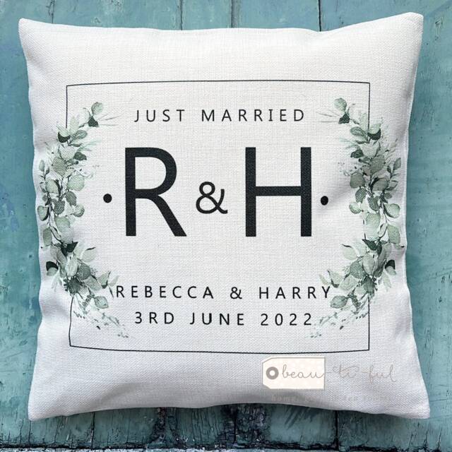 Personalised Names Married Mr Mrs Home Quote Eucalyptus Foliage Design Linen Style Cushion Cover