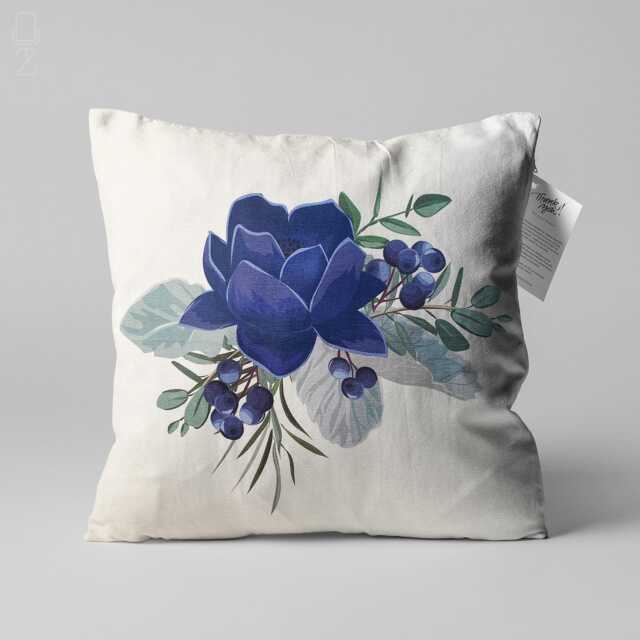 Blue Lotus Chenille Cushion Cover - Double Sided Floral Pillow - image 1