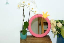 Pink Frame Mirror For Girls, Childrens Baby, Mirror With Crown Kids Room, Unique Wood Mirror, Candy