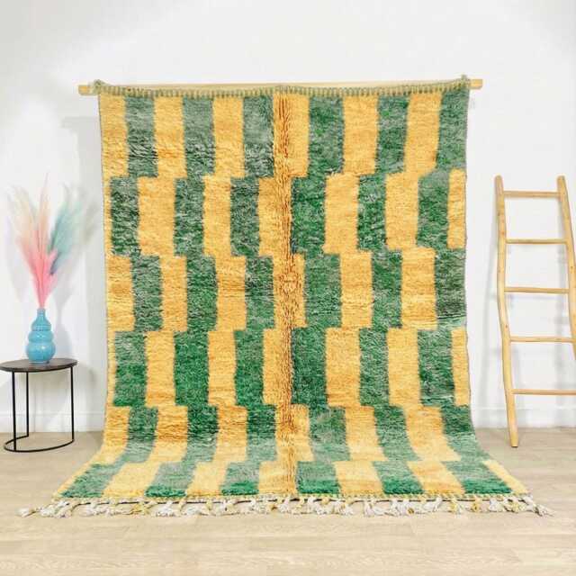 Moroccan Yellow & Green Berber Rug, Handwoven Wool Shag Rug With Rectangular Blocks, Authentic Beni Ourain Style Carpet, Large 9x12 Area - image 1