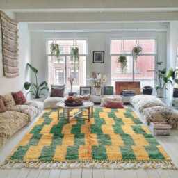 Moroccan Yellow & Green Berber Rug, Handwoven Wool Shag Rug With Rectangular Blocks, Authentic Beni Ourain Style Carpet, Large 9x12 Area - thumbnail 3