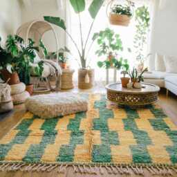 Moroccan Yellow & Green Berber Rug, Handwoven Wool Shag Rug With Rectangular Blocks, Authentic Beni Ourain Style Carpet, Large 9x12 Area - thumbnail 2