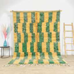 Moroccan Yellow & Green Berber Rug, Handwoven Wool Shag Rug With Rectangular Blocks, Authentic Beni Ourain Style Carpet, Large 9x12 Area - thumbnail 1