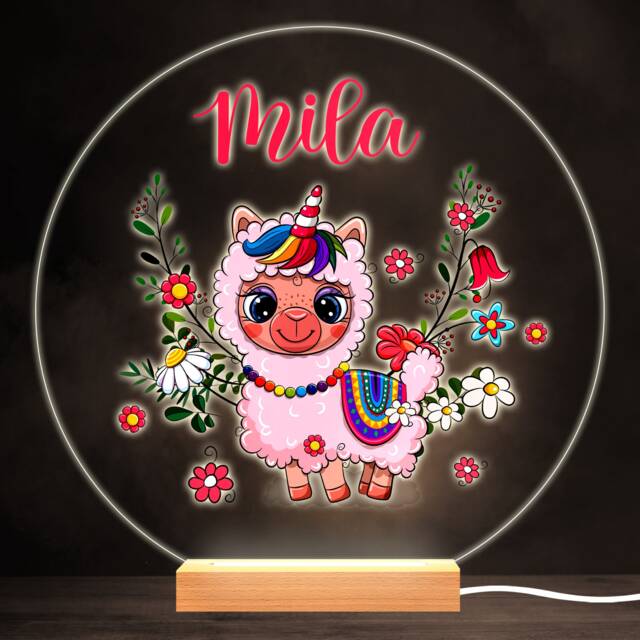 Cute Unicorn Lama Colourful Round Personalised Gift Led Lamp Night Light - Bedroom - image 1