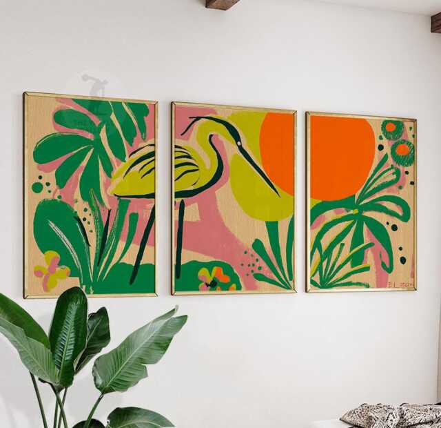 Tropical Heron Wall Art Set Of 3 - Abstract Jungle Print Vibrant Green & Orange Bird Artwork Modern Boho Living Room Decor - image 1