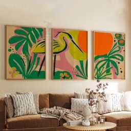 Tropical Heron Wall Art Set Of 3 - Abstract Jungle Print Vibrant Green & Orange Bird Artwork Modern Boho Living Room Decor - thumbnail 3
